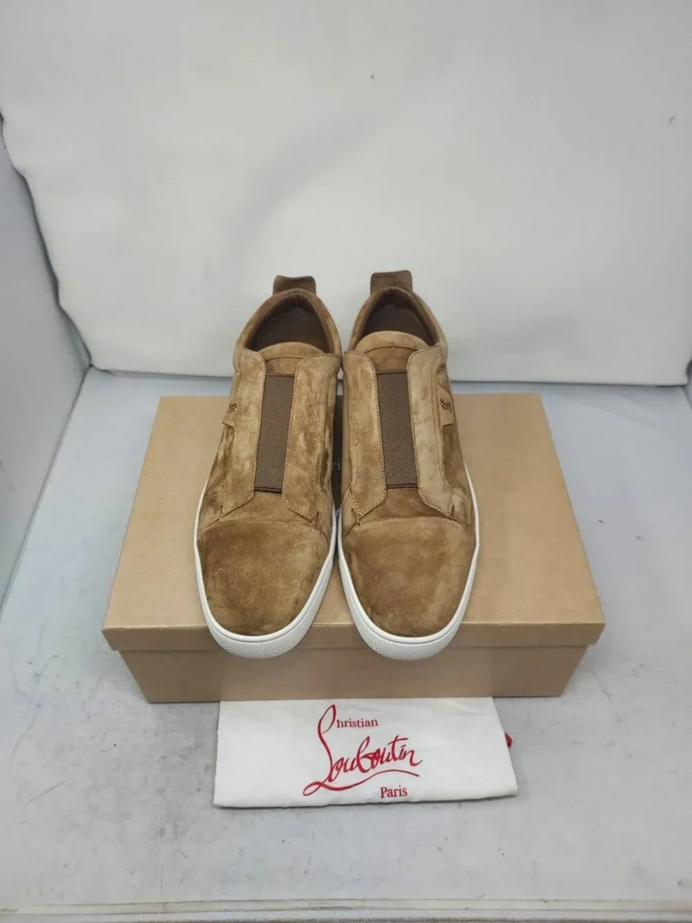 Christian Louboutin MENS Brown St Louis Suede Slip-On Sneaker